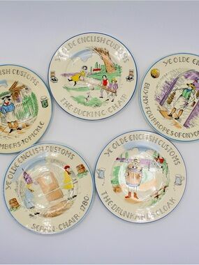 Ye Olde English Customs Plates, Burgess & Leigh Staffordshire England, Set of 5